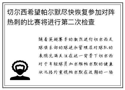切尔西希望帕尔默尽快恢复参加对阵热刺的比赛将进行第二次检查