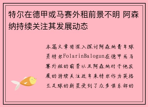 特尔在德甲或马赛外租前景不明 阿森纳持续关注其发展动态