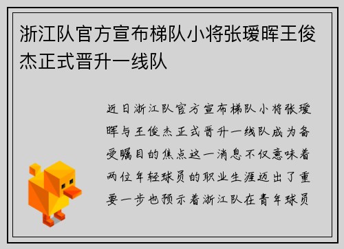 浙江队官方宣布梯队小将张瑷晖王俊杰正式晋升一线队