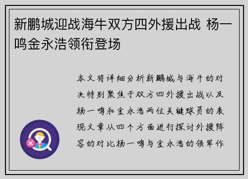 新鹏城迎战海牛双方四外援出战 杨一鸣金永浩领衔登场