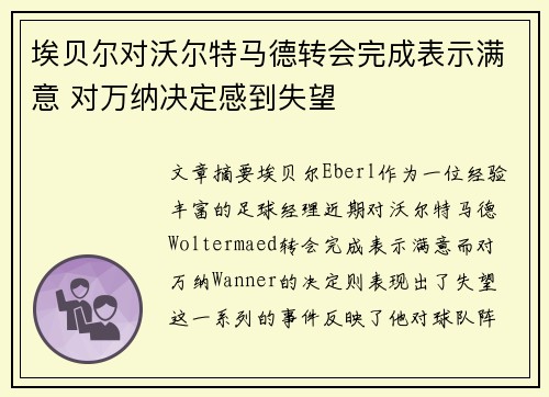 埃贝尔对沃尔特马德转会完成表示满意 对万纳决定感到失望