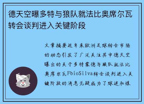 德天空曝多特与狼队就法比奥席尔瓦转会谈判进入关键阶段
