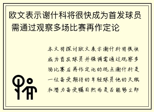 欧文表示谢什科将很快成为首发球员 需通过观察多场比赛再作定论